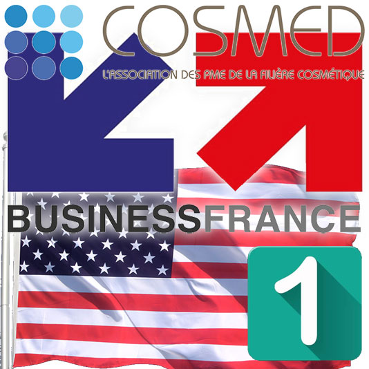 Logos Business France et Cosmed avec le drapeau américan