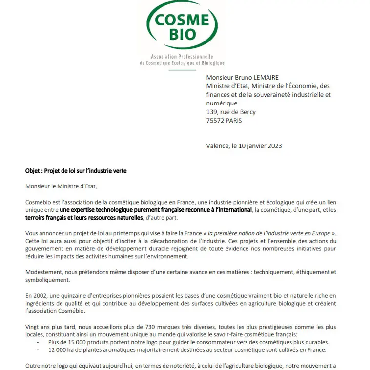 Industrie verte :  lettre ouverte de Cosmébio au Ministre de l’Économie