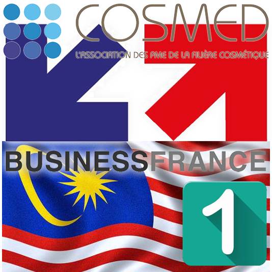 Logos Business France et Cosmed avec le drapeau malaisien