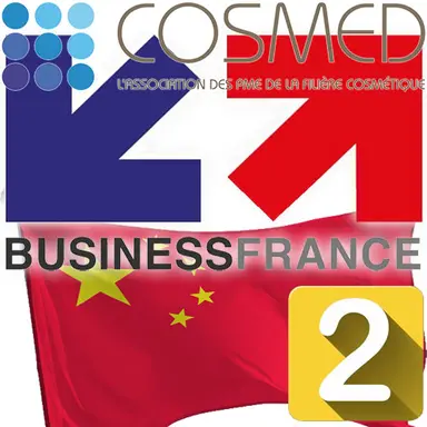 Logos Business France et Cosmed avec le drapeau chinois
