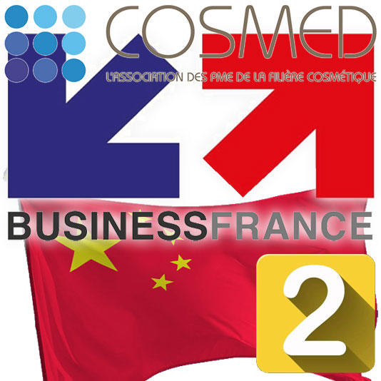 Logos Business France et Cosmed avec le drapeau chinois