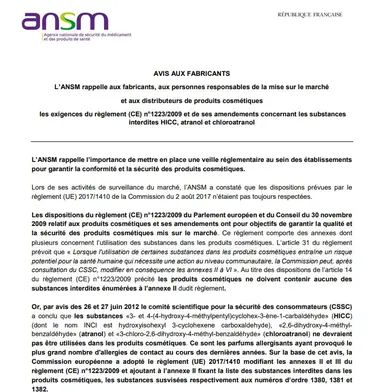 HICC, atranol et chloroatranol : l'ANSM rappelle les exigences réglementaires