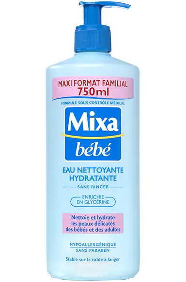 Eau Nettoyante Hydratante Maxi format familial (750ml) - Mixa - Bébé -  Index des produits cosmétiques - CosmeticOBS - L'Observatoire des Produits  Cosmétiques