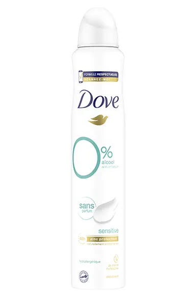 Deodorant 0% Alcohol & Anti-Irritation (200 mL - 6.76 US fl.oz.) Dove Sensitive - Cosmetic products index - CosmeticOBS - L'Observatoire des Cosmétiques
