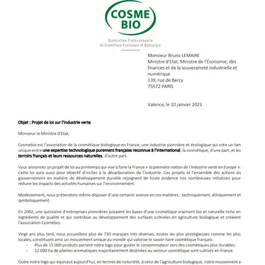 Industrie verte :  lettre ouverte de Cosmébio au Ministre de l’Économie