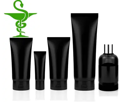 flacons de cosmétiques en dessous du sigle de la pharmacie